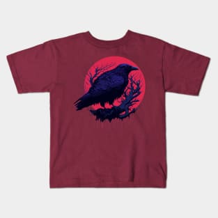 Raven Red Moon Gothic Halloween Night Design Kids T-Shirt